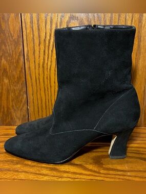 90s Calico Suede French Heel Ankle Boots BRAZIL MADE Vintage Black 7.5 Narrow